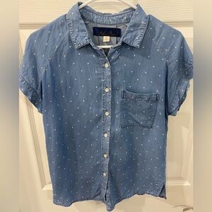 Francesca's Collections Blue Polka Dot Chambray Shirt